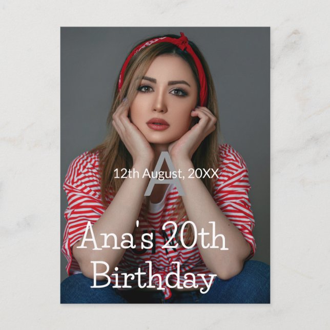 Cartão Postal Monograma de foto feliz aniversário de 20 anos cin (Frente)