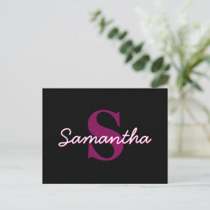 Cartão Postal Monograma de letra cursiva rosa e preto personaliz