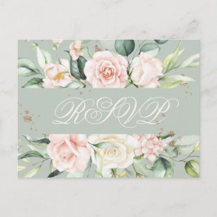 Cartão Postal Monograma Floral Cor Verde Verde Rosa RSVP