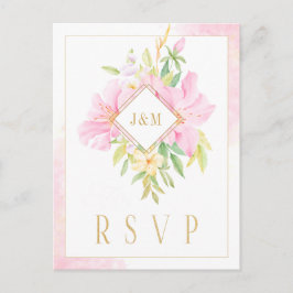 Cartão Postal Monograma Floral Elegante RSVP Dourado Cor de Água