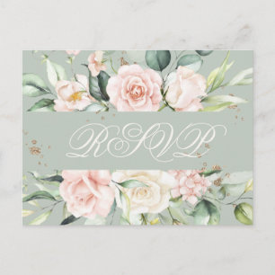 Cartão Postal Monograma Floral Rosa Verde Aquarela RSVP