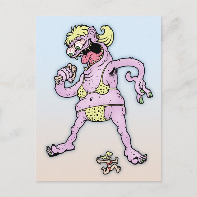 Cartão Postal Monstro de Bikini Amarelo Roxo (Frente)
