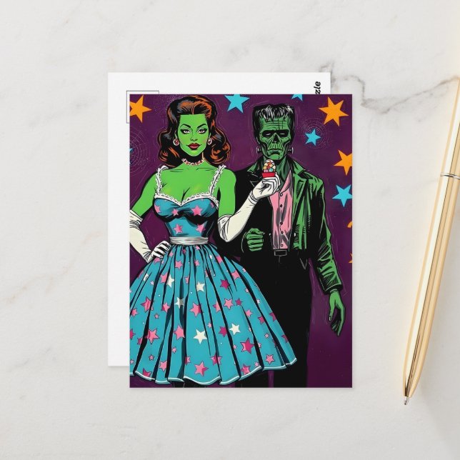 Cartão Postal Monstros Verdes de Halloween (Frente/Verso In Situ)