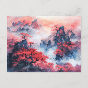 Cartão Postal Montagens de outono de aquarela chinesa no Sunset