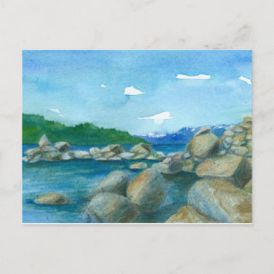Cartão Postal Montanha Lake Rocks Watercolor Painting