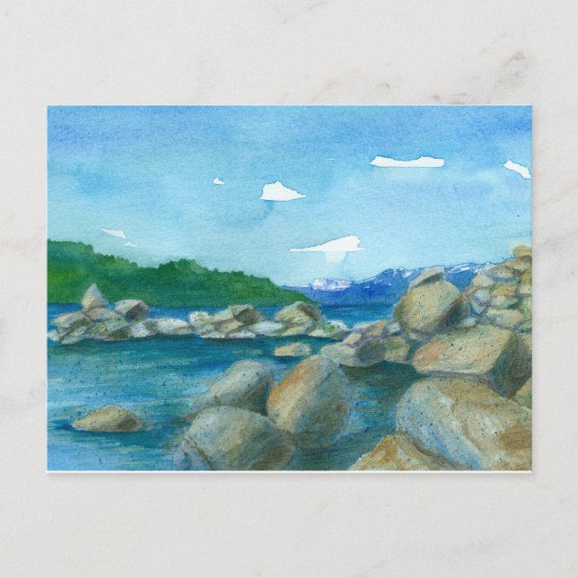 Cartão Postal Montanha Lake Rocks Watercolor Painting (Frente)