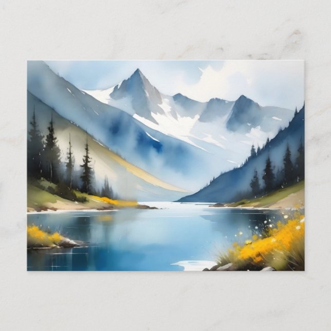 Cartão Postal Montanhas com capa de neve e um lago (Frente)