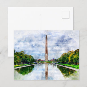 Cartão Postal Monumento a Washington em aquarela com reflexo