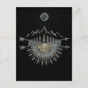 Cartão Postal Moon and Stars Night Sky Mountain Range Mandala