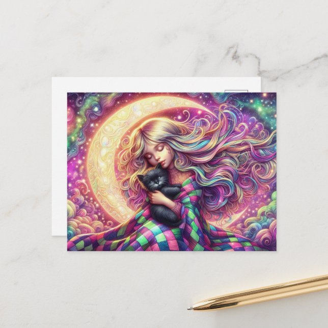 Cartão Postal Moon Crescente Dormindo Com Gato Negro (Frente/Verso In Situ)