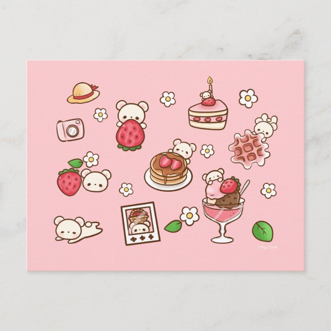 Cartão Postal Morango e Urso Deliciosos Kawaii Doces Fofos  (Frente)