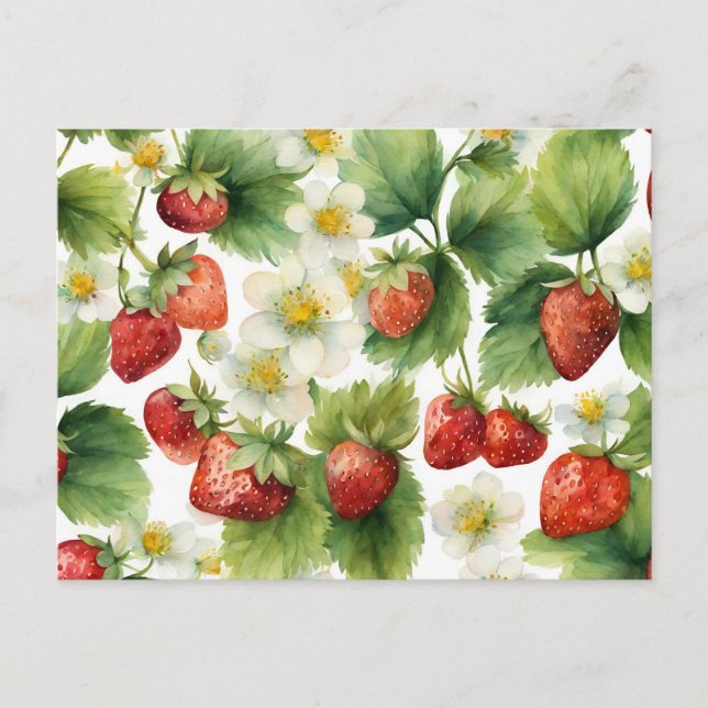 Cartão Postal Morangos em aquarela e flores de morango (Frente)