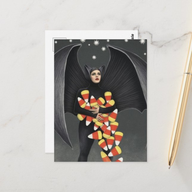 Cartão Postal Morcego Com Doces De Halloween (Frente/Verso In Situ)