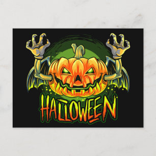 Cartão Postal Morcego de abóbora neon de Halloween assustador