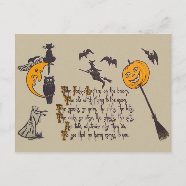 Cartão Postal Morcego de Bruxa Coruja Gato Preto Abóbora de Hall (Frente)