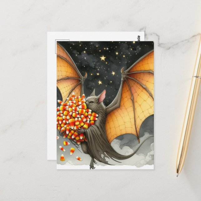 Cartão Postal Morcego de Halloween com Doce (Frente/Verso In Situ)