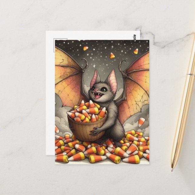 Cartão Postal Morcego Fofo de Halloween com Doce (Frente/Verso In Situ)
