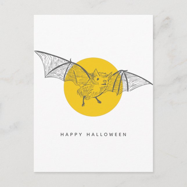 Cartão Postal Morcego Halloween | Esboço Moderno Fofo Lua Amarel (Frente)