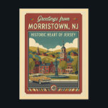 Cartão Postal Morristown NJ Retro Travel 1950s Style<br><div class="desc">Morristown NJ Retro Travel Postcard – Colorful 1950s Style Historic New Jersey Souvenir, Vintage Inspired Graphic Art POD Print Description: Step back in time with this vibrant Morristown, New Jersey retro travel postcard, an AI-generated artistic reimagining inspired by the bold and optimistic travel posters of the 1950s. Designed in a...</div>