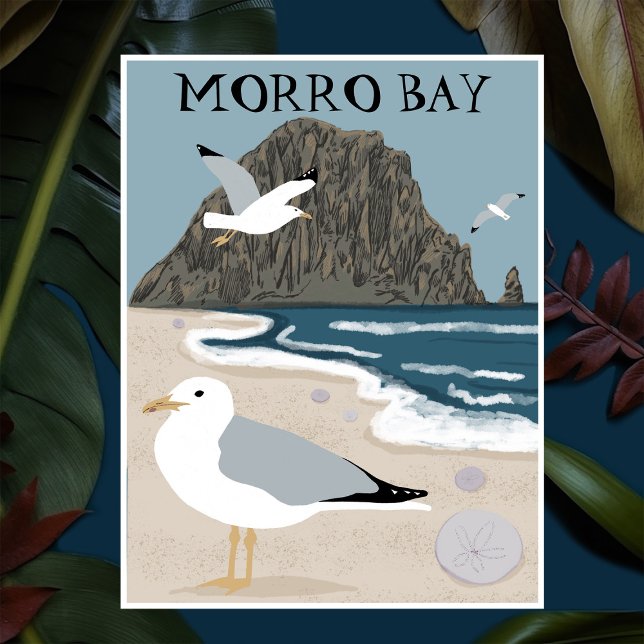 Cartão Postal Morro Rock Bay Central California Beach Seagulls (Morro Rock Bay Central California Beach Seagulls Illustration custom Postcard
)