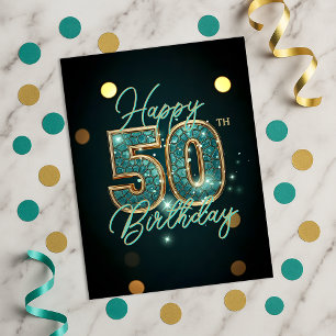 Cartão Postal Mosaico Dourado e Turquesa Glamouroso Aniversário 