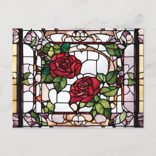 Cartão Postal Mosaico Floral de Rosas Vermelhas em Vidro Pintado