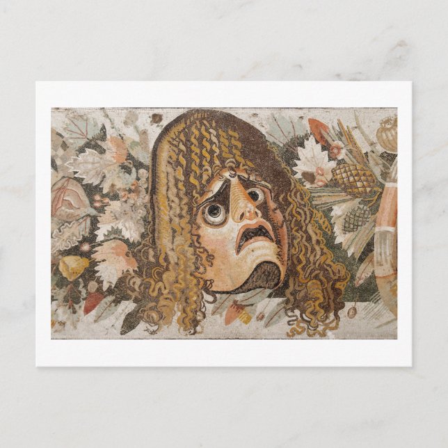 Cartão Postal Mosaico romano, com máscara, folhas e fruta (Frente)