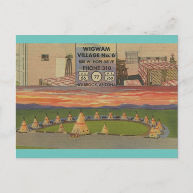 Cartão Postal Motel da aldeia Wigwam, Rota 66 Holbrook, Arizona  (Frente)