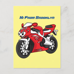 Cartão Postal Moto de desenho animado esportiva vermelha fofa