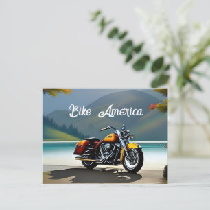 Cartão Postal Motocicleta estacionada perto do lago