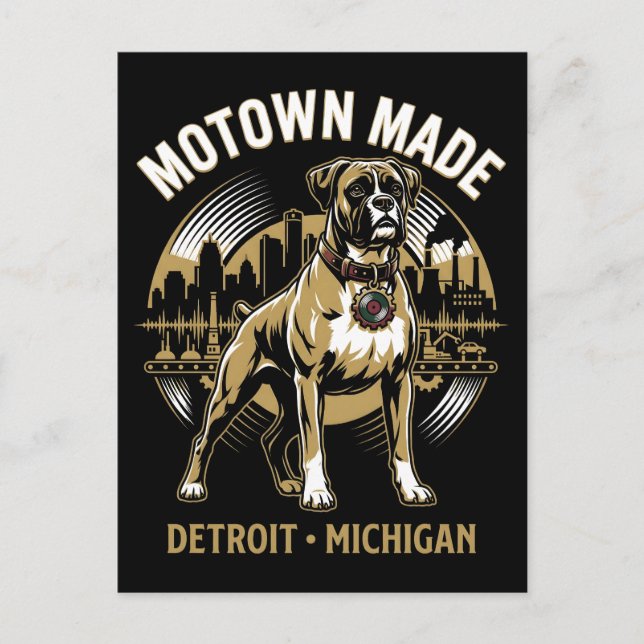 Cartão Postal Motown Made Detroit Boxer Dog Labor & Music Pride  (Frente)