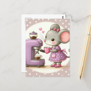Cartão Postal Mouse Adorável no Café Fazer de Vestido Roxo