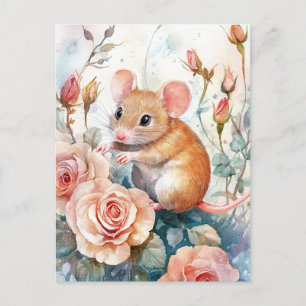 Cartão Postal mouse e rosas