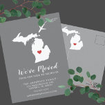 Cartão Postal Movendo a placa de Posto MICHIGAN State<br><div class="desc">Anúncio em Movimento | MICHIGAN Moderno anúncio em movimento apresentando o estado de MICHIGAN, com um coração e avião vermelhos em fundo de cinza. A cor do plano de fundo pode ser alterada facilmente clicando em personalizar e, em seguida, clique para personalizar ainda mais para ver o nosso selecionador de...</div>