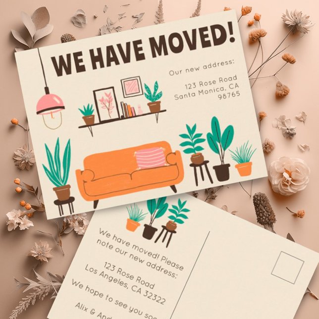 Cartão Postal Movendo o Software da Sala de Estar em Cuta do End (Customize this cute modern moving announcement postcard w your own details. Livingroom illustration)