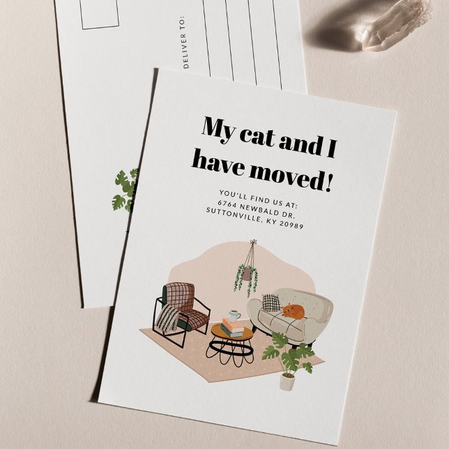 Cartão Postal Movimentamos Novo Anúncio de Movimentação de Ender (Boho Moving Announcement Postcard Cat and I Moved)