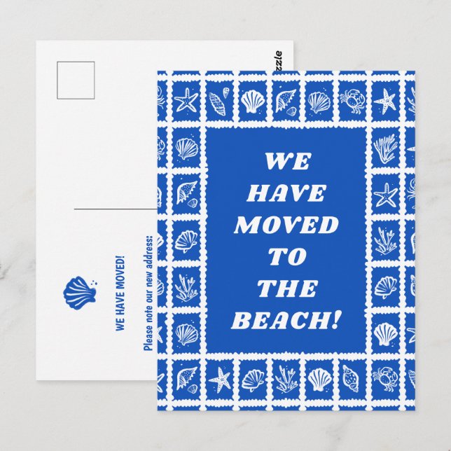 Cartão Postal MOVING ANNOUNCEMENT ADDRESS Blue Seashells Beach (Frente/Verso)