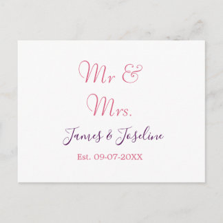 Cartão Postal Mr and Mrs add name est. Date year wedding couple 