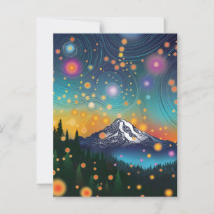 Cartão Postal Mt. Rainier w Eveny Starry Sky e Fireflies