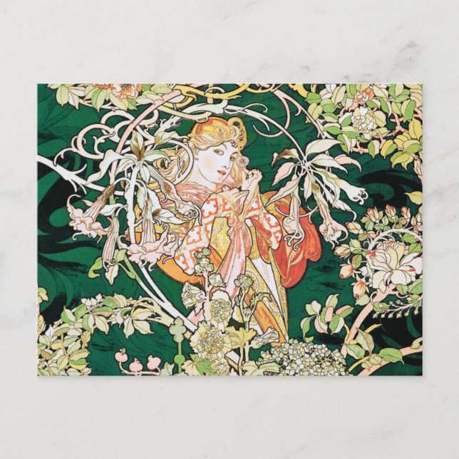 Cartão Postal Mucha Art Nouveau: Mulher Com Daisy (Frente)