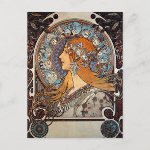 Cartão Postal Mucha Art Nouveau Mulher Vintage Posto Zodiac Fran