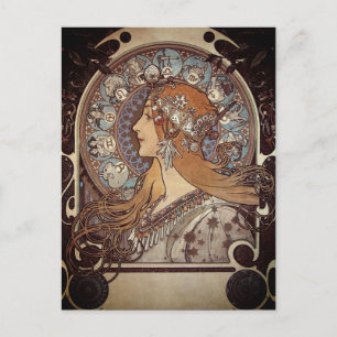 Cartão Postal Mucha Art Nouveau Mulher Vintage Zodiac La Pluma P