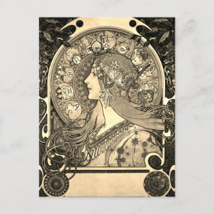 Cartão Postal Mucha Art Nouveau Mulher Vintage Zodiac La Pluma P