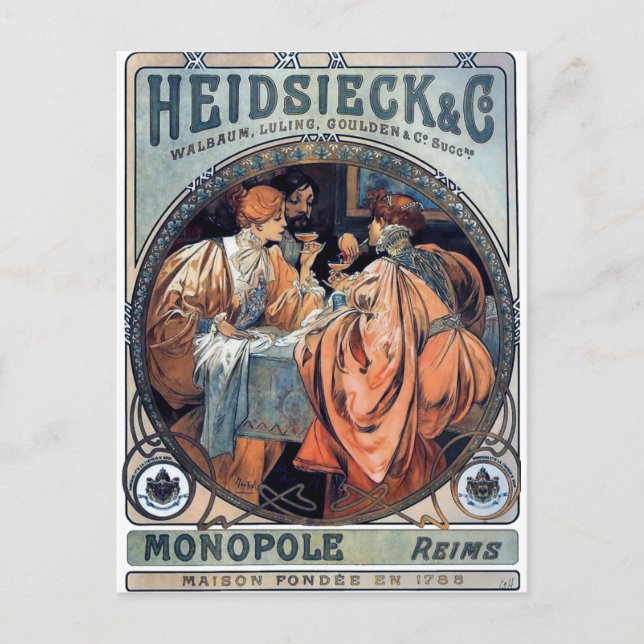 Cartão Postal mucha Heidsieck & G cerveja art deco poster (Frente)
