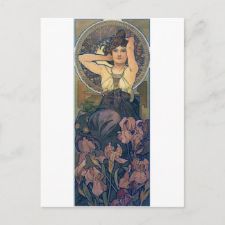 Cartão Postal Mucha iris flores mulher art deco
