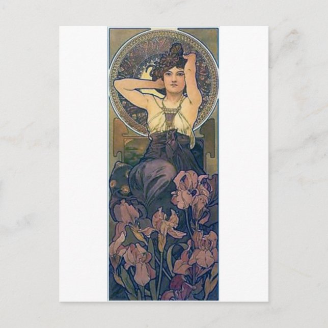 Cartão Postal Mucha iris flores mulher art deco (Frente)