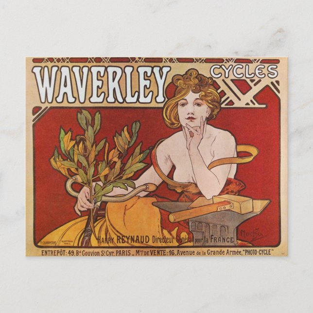 Cartão Postal Mucha ~ Waverley Ciclos 1898 (Frente)