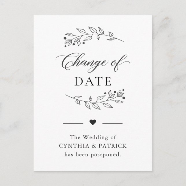 Cartão Postal Mudança de Data Adiada Elegante Simples Minimalist (Frente)
