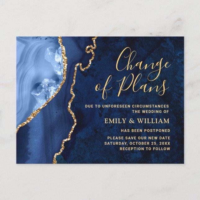 Cartão Postal Mudança de Data do Mármore Azul Ouro Moderno Adiad (Frente)