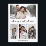 Cartão Postal Mudança de Planos | Texto Simples de Máquina de Es<br><div class="desc">Esses cartões de anúncio de mudança de planos de casamento com grid de múltiplas fotos apresentam uma tipografia simples, porém elegante, com texto de máquina de escrever preto que diz "mudança de planos" em um fundo branco, com espaço para quatro das suas fotos pessoais favoritas. Uma maneira chic e elegante...</div>